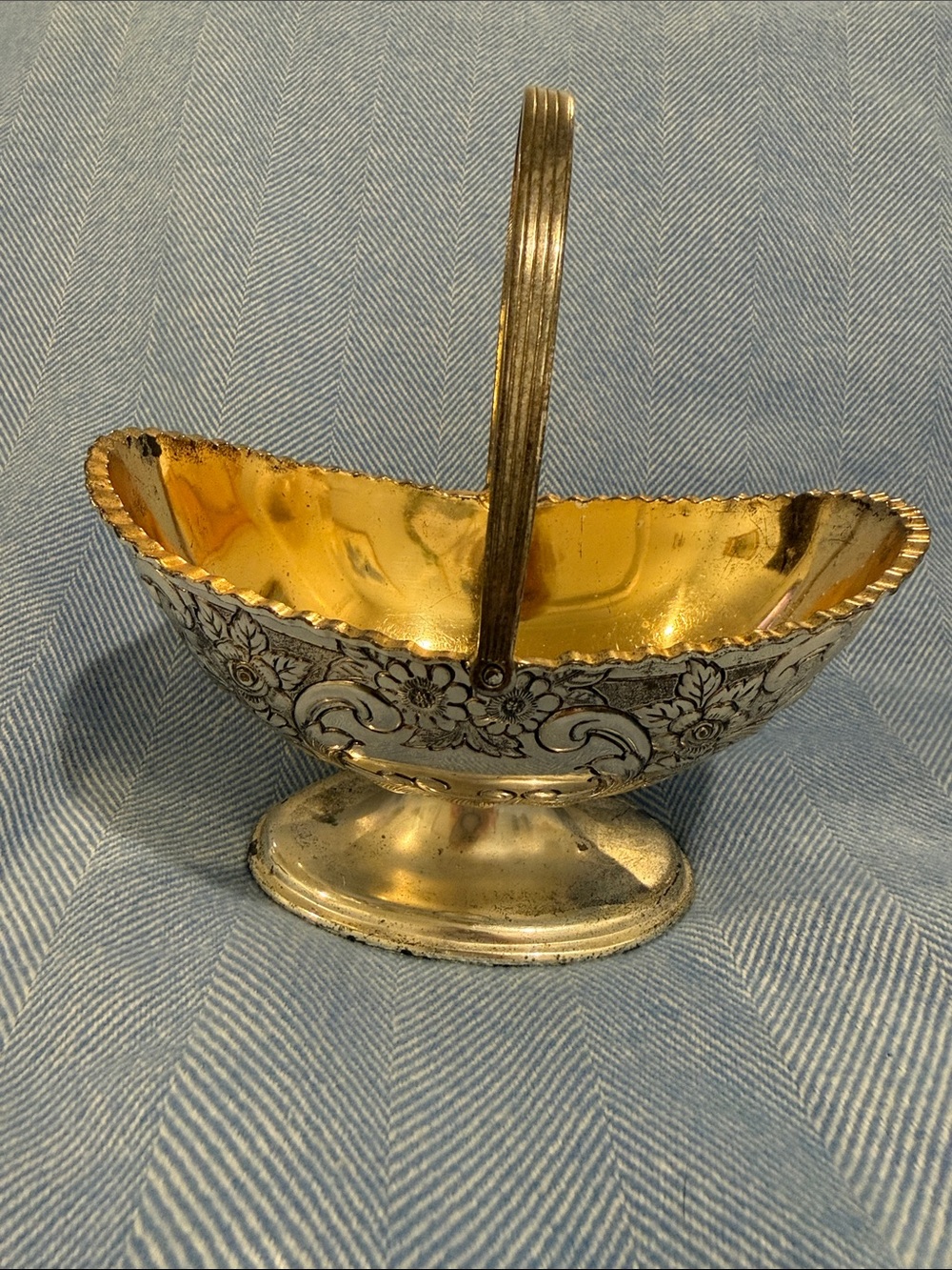 Gold-Interior Silver Decorative Serving Basket with Handle